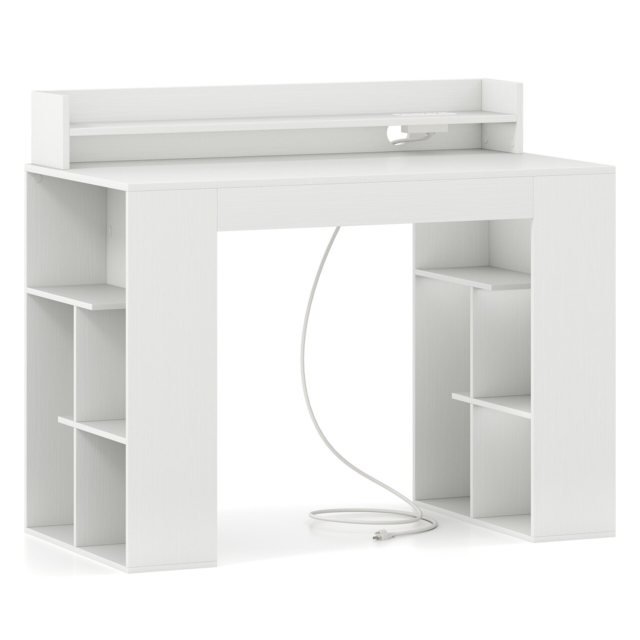 White Engineered Wood Computer Desk with Power Strip and 3-Tier Bookcases